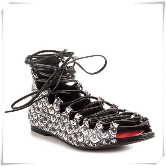 Taylor Says Punk Goth Eyes Lace Up Sandals Flats - Picture 3 of 7